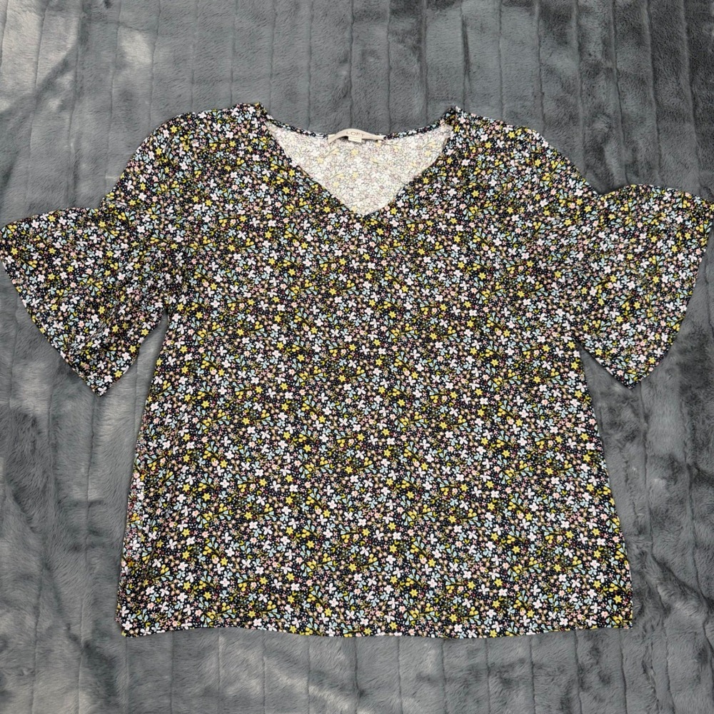 Loft Womens Small Floral V-Neck Flutter Sleeve Mixed Media Blouse Black Multi